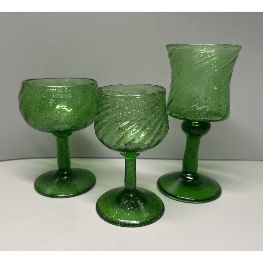 Vintage Green Hand Blown Swirl Bubble Seeded Glass Wine Brandy Glasses Lot Of 3
